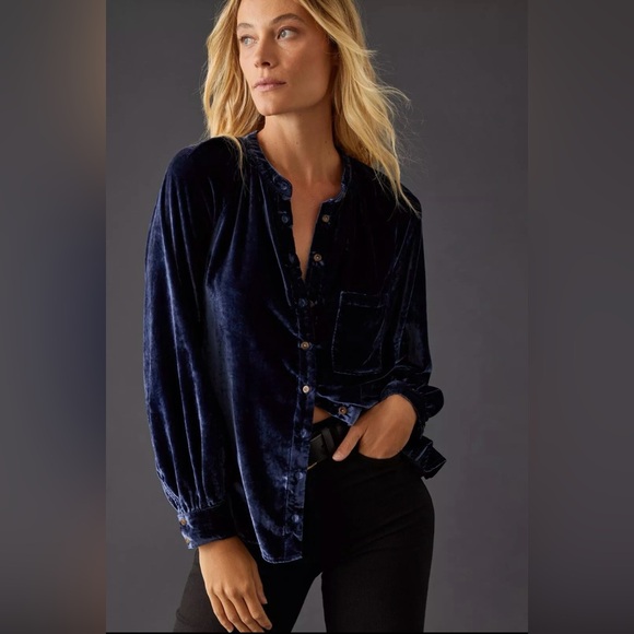 Anthropologie Tops - Anthropologie Pilcro Velvet Button-Up Navy Blue Blouse | XL | Stunning | NWT